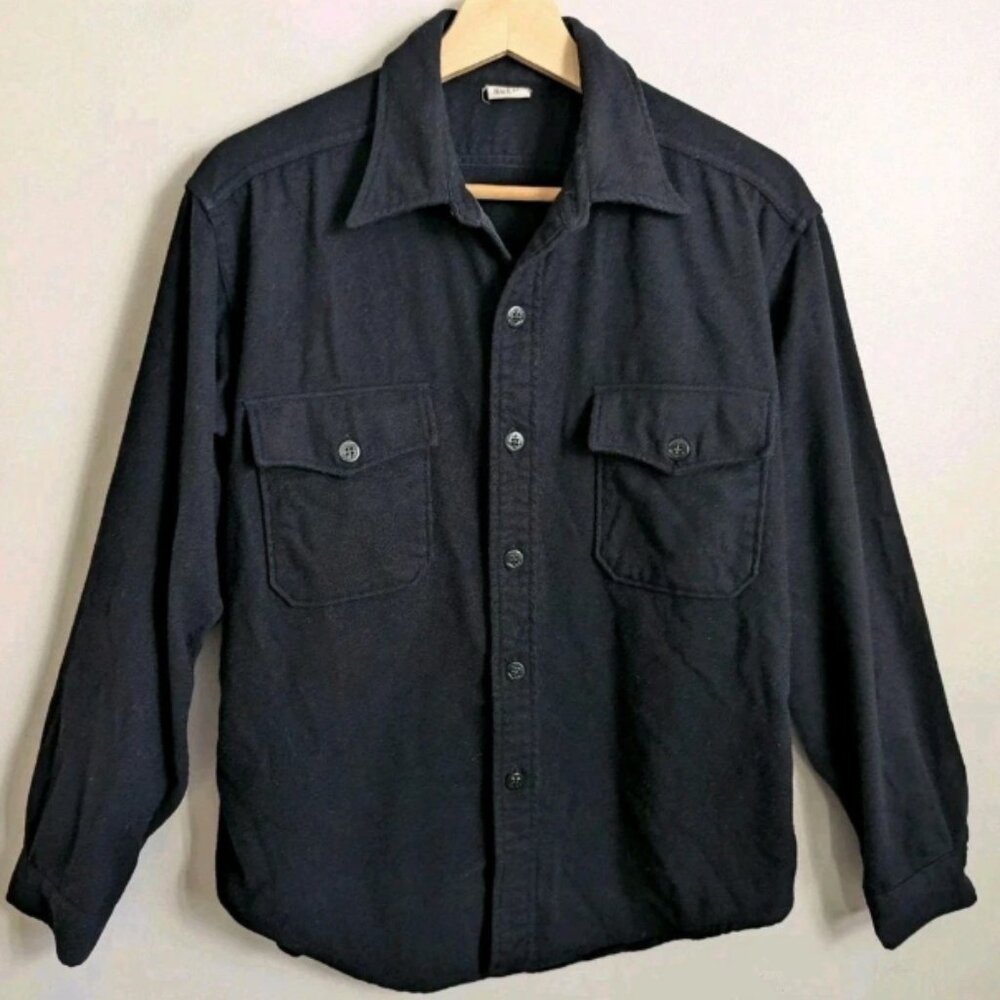 Dark Blue Flannel Wool Shirt For Men, VTG 70s